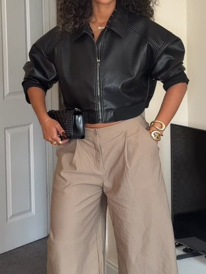 Vegan Leather Bubble Hem Bomber Jacket