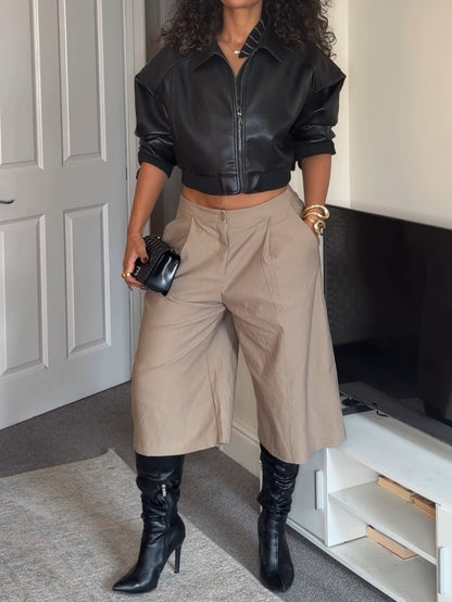 Vegan Leather Bubble Hem Bomber Jacket