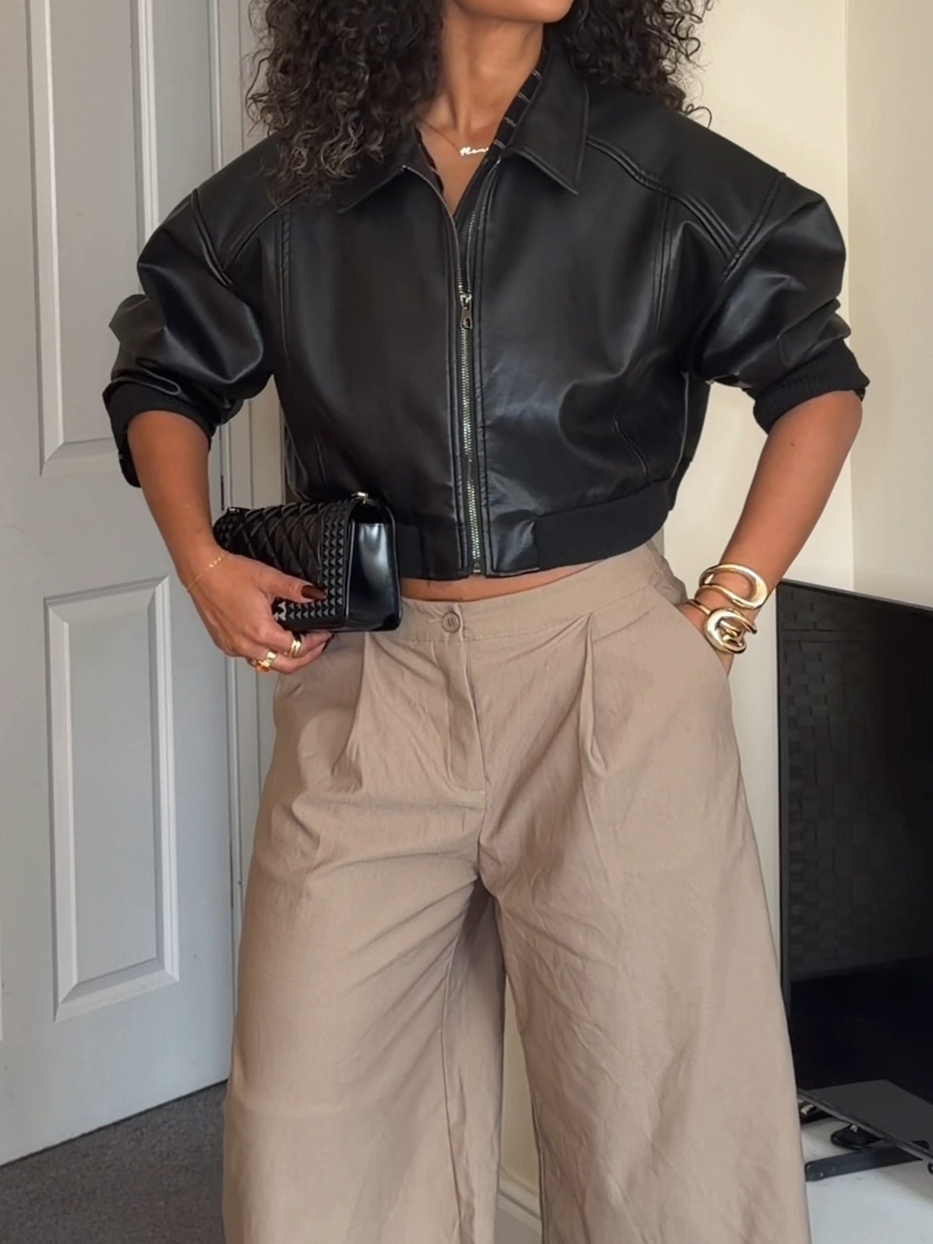 Vegan Leather Bubble Hem Bomber Jacket