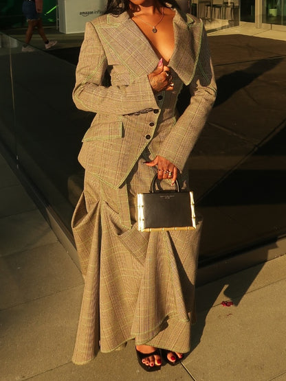 Cowl Collar Fitted Jacket And Tucked Wool Trumpet Skirt