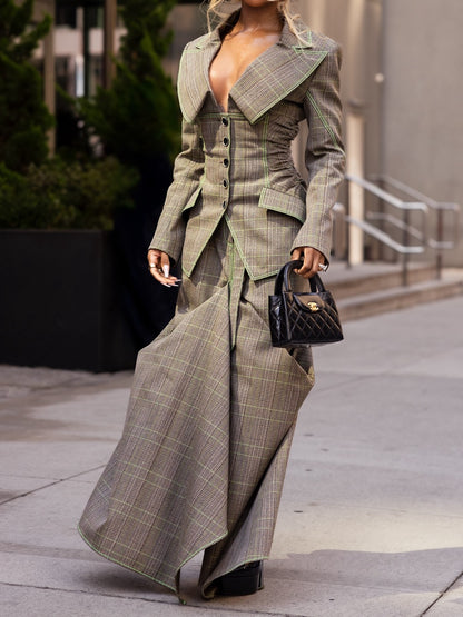 Cowl Collar Fitted Jacket And Tucked Wool Trumpet Skirt