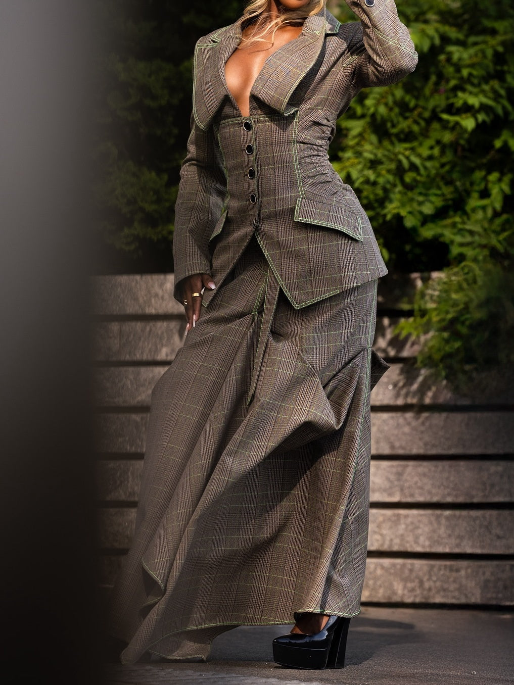 Cowl Collar Fitted Jacket And Tucked Wool Trumpet Skirt