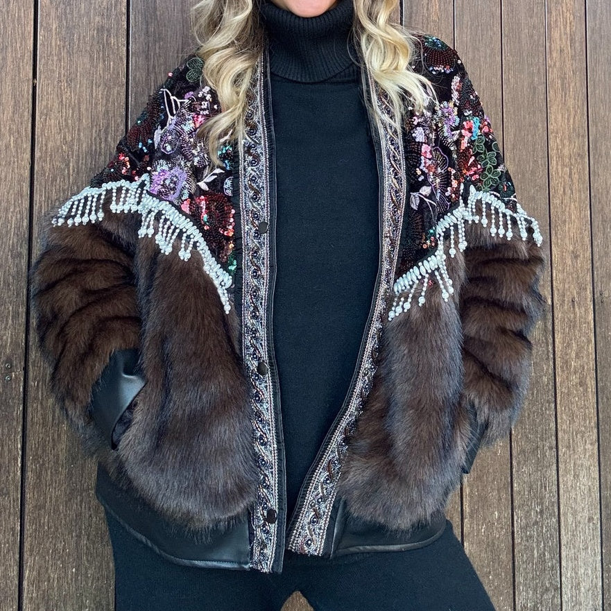 Sequined Floral Print Fur Coat
