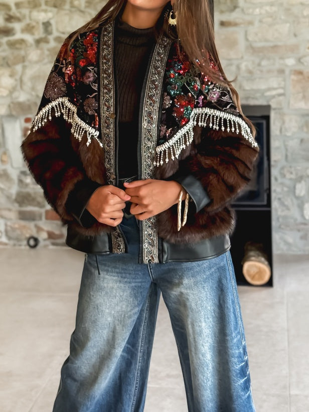 Sequined Floral Print Fur Coat