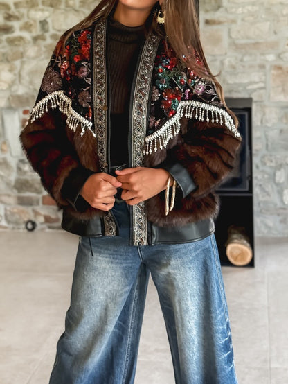 Sequined Floral Print Fur Coat