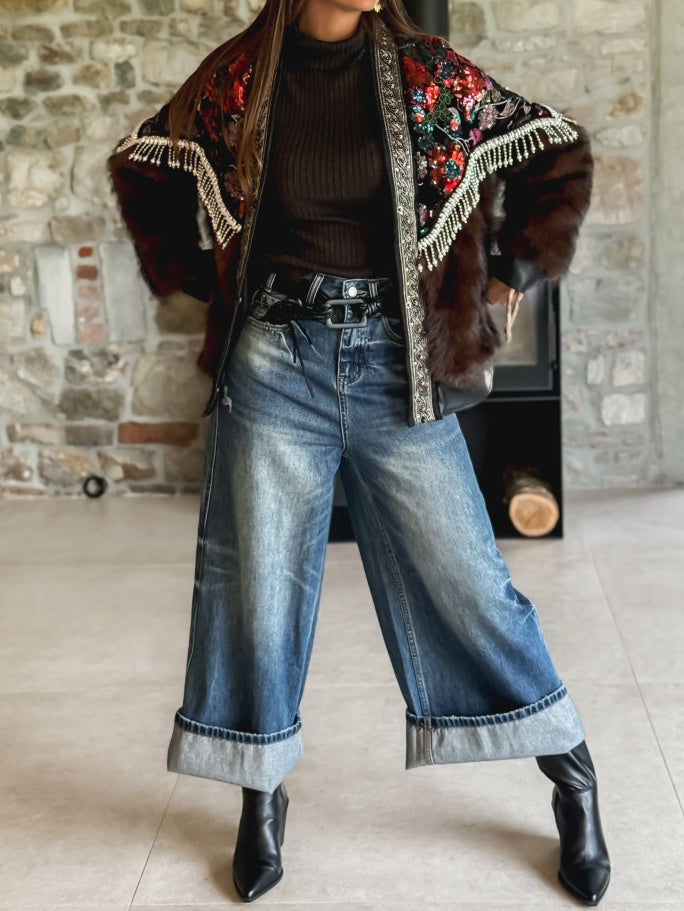 Sequined Floral Print Fur Coat