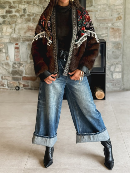 Sequined Floral Print Fur Coat