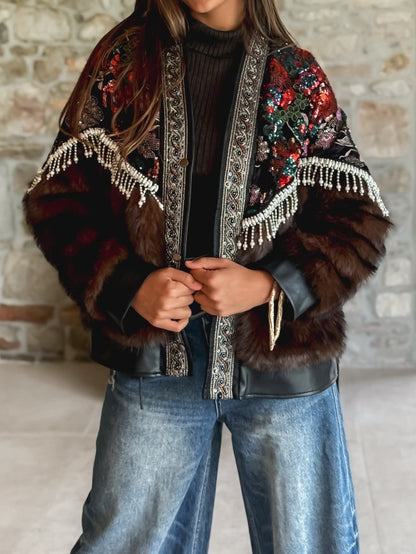 Sequined Floral Print Fur Coat