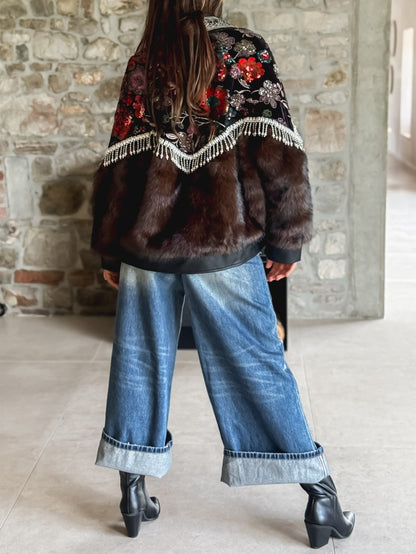 Sequined Floral Print Fur Coat