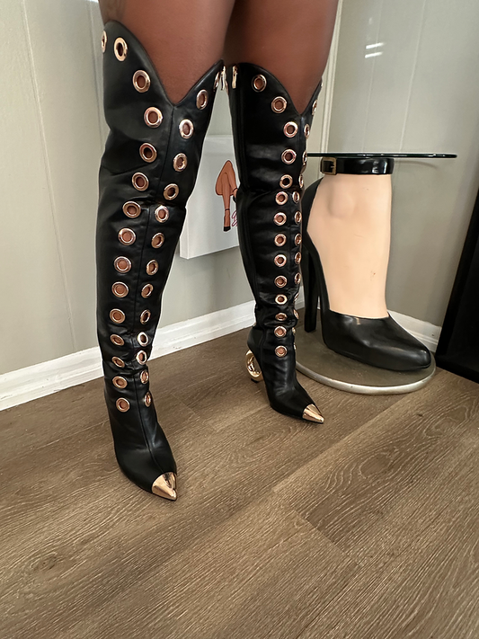 Metallic Ringed Knee-High Boots