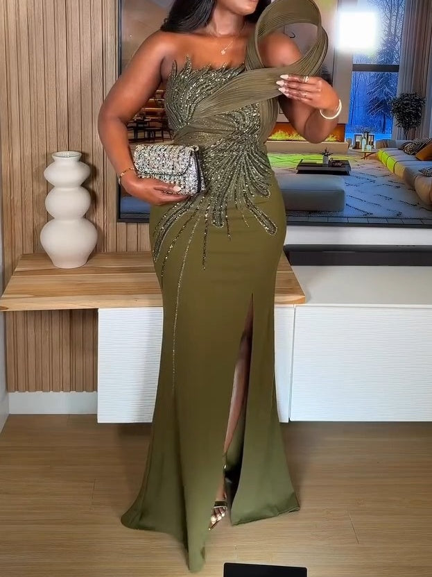 Beaded Sequin Applique Slit Formal Dress