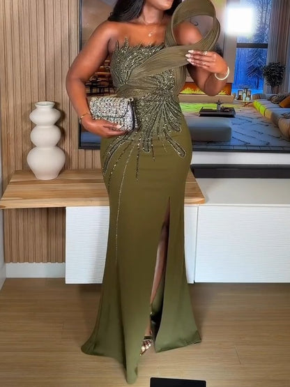 Beaded Sequin Applique Slit Formal Dress