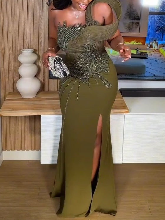 Beaded Sequin Applique Slit Formal Dress