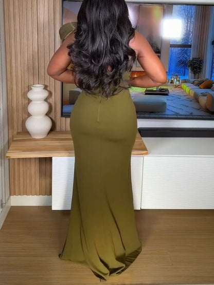 Beaded Sequin Applique Slit Formal Dress