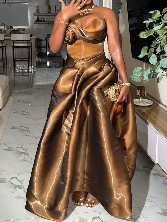 A-Line Draped High Split Ruffles Strapless Long Party Dress