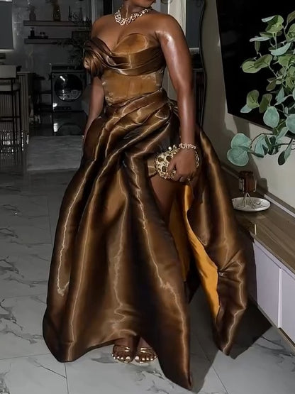 A-Line Draped High Split Ruffles Strapless Long Party Dress