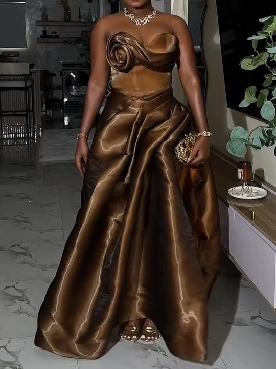 A-Line Draped High Split Ruffles Strapless Long Party Dress