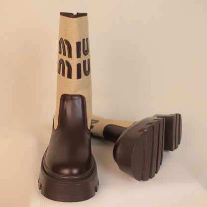 Brown Beige Patchwork Block Heel Boots