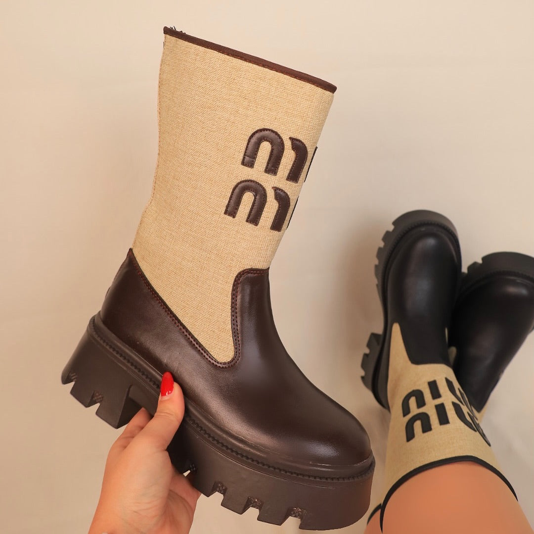 Brown Beige Patchwork Block Heel Boots