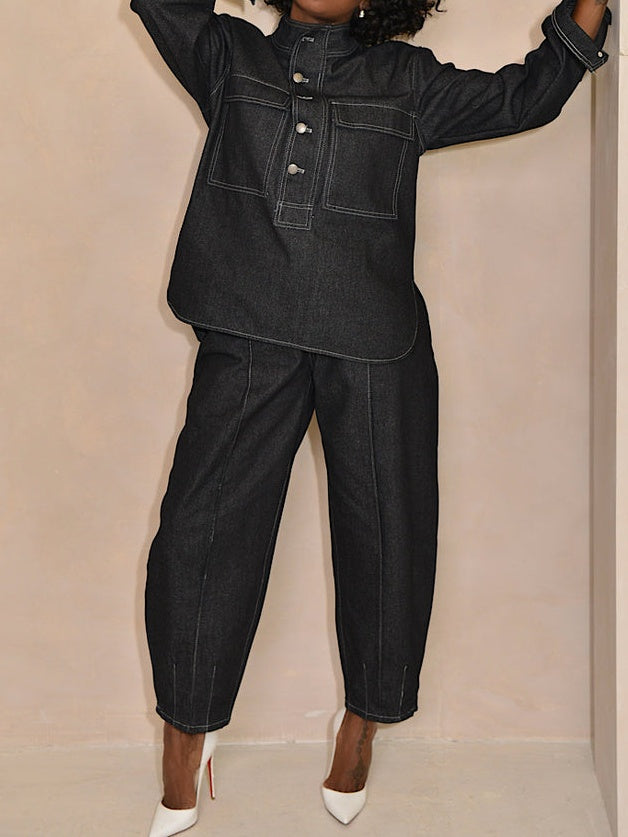 Denim Stand Collar Pockets Two Pieces Set
