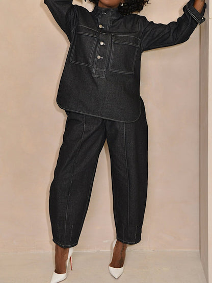 Denim Stand Collar Pockets Two Pieces Set
