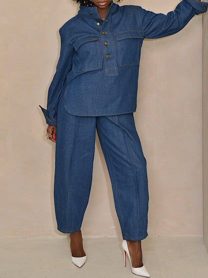 Denim Stand Collar Pockets Two Pieces Set