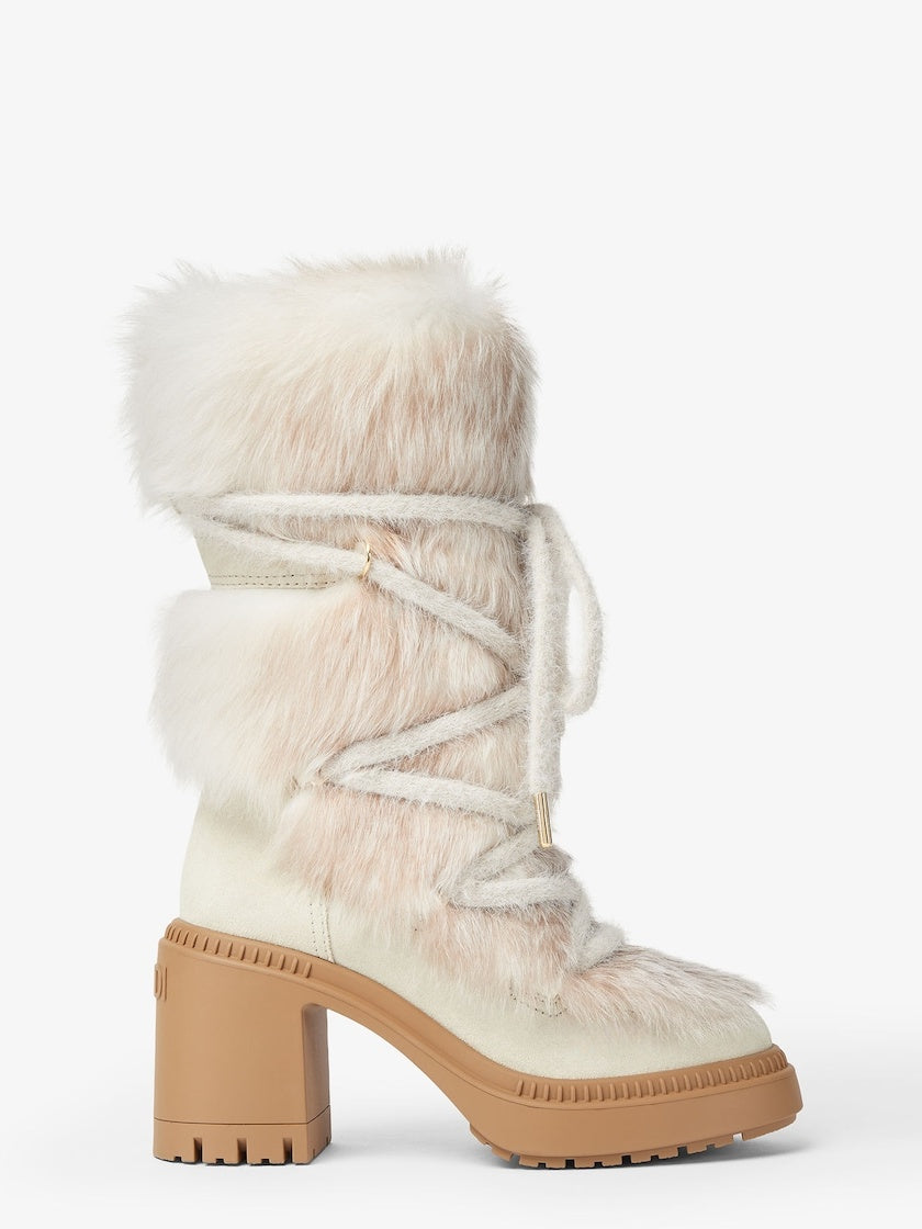White Shearling And Suede Medium-heeled Boots