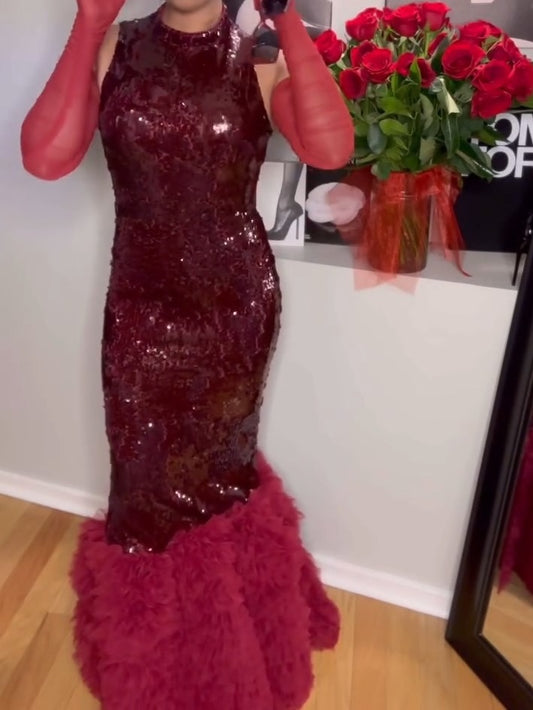 Ball Sequin Ruffle Maxi Dress