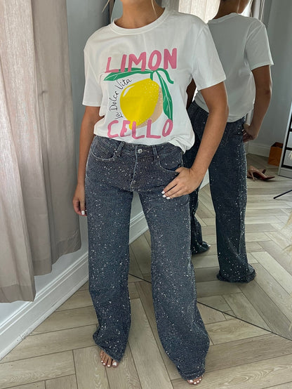 Dark Blue Diamond Wide Leg Sparkle Covered Jeans