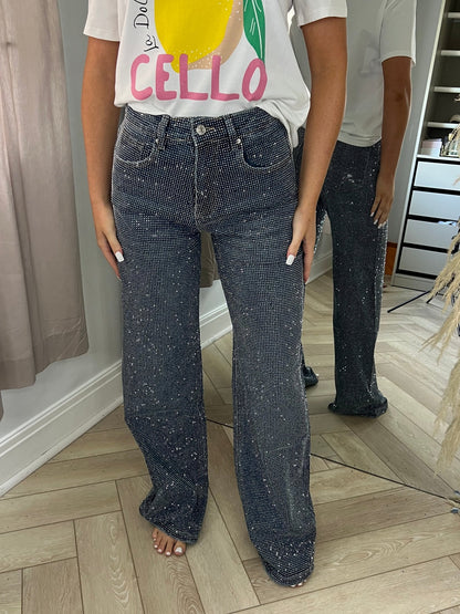 Dark Blue Diamond Wide Leg Sparkle Covered Jeans