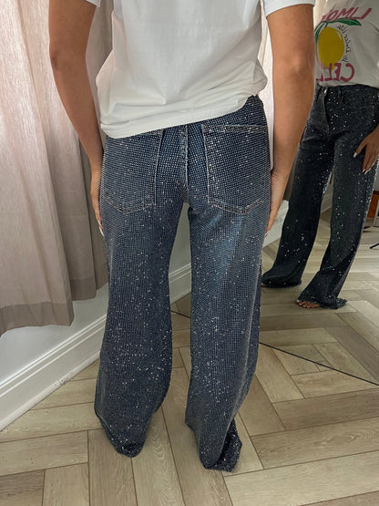 Dark Blue Diamond Wide Leg Sparkle Covered Jeans