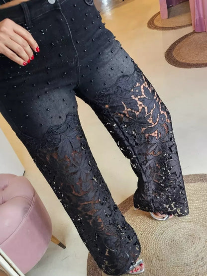 Denim Lace Stretch Pants