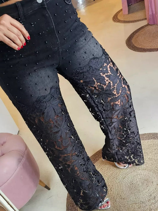 Denim Lace Stretch Pants