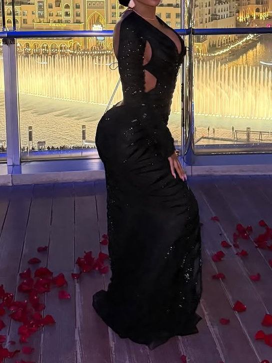 Long Sleeve Embellished Ruched Mesh Maxi Dress