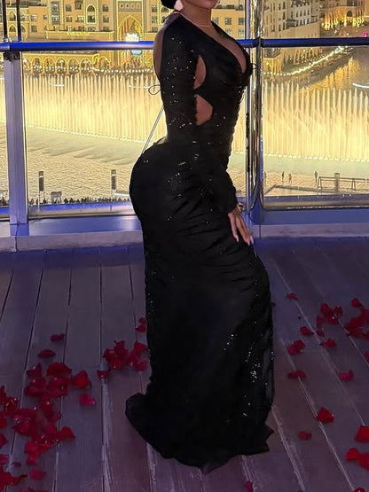 Long Sleeve Embellished Ruched Mesh Maxi Dress