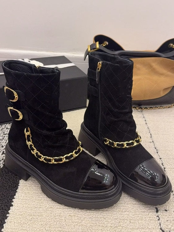 Suede And Patent Leather Chain-link Ankle Boots