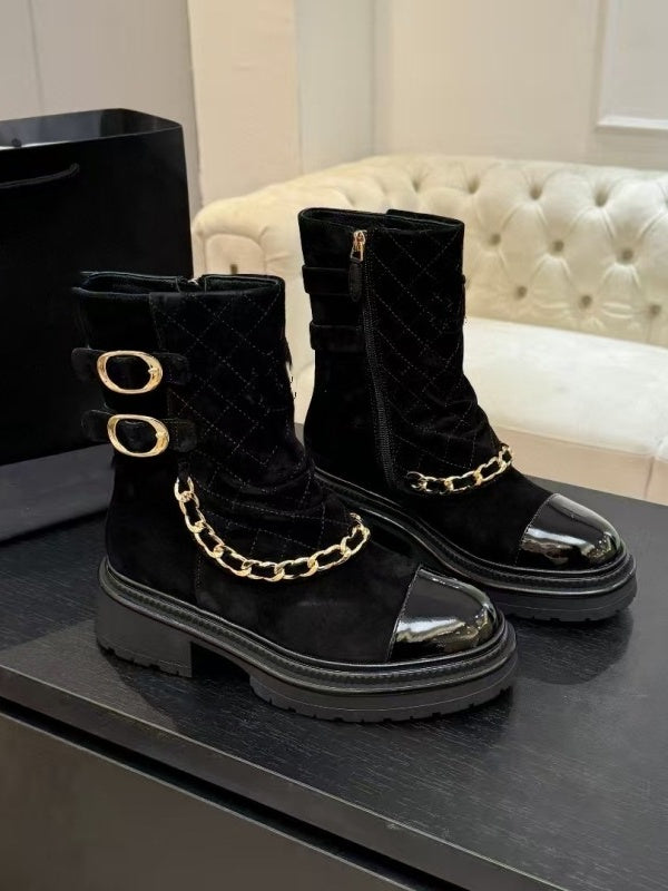 Suede And Patent Leather Chain-link Ankle Boots