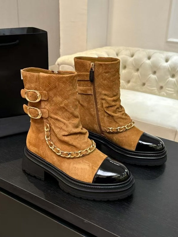 Suede And Patent Leather Chain-link Ankle Boots