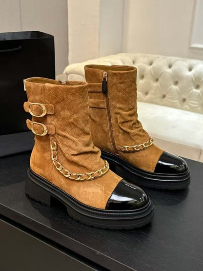 Suede And Patent Leather Chain-link Ankle Boots