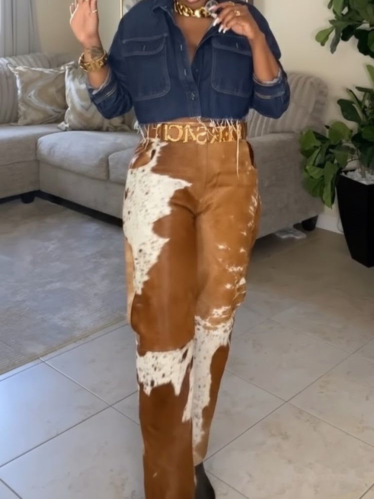 Cowhide Pants Brown And White Cow Print Trouser