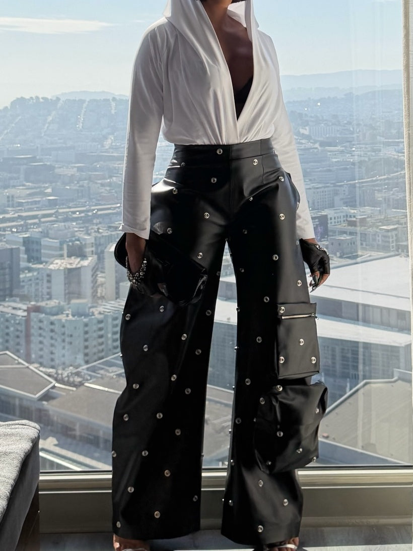 Stud-embellished Leather Trousers
