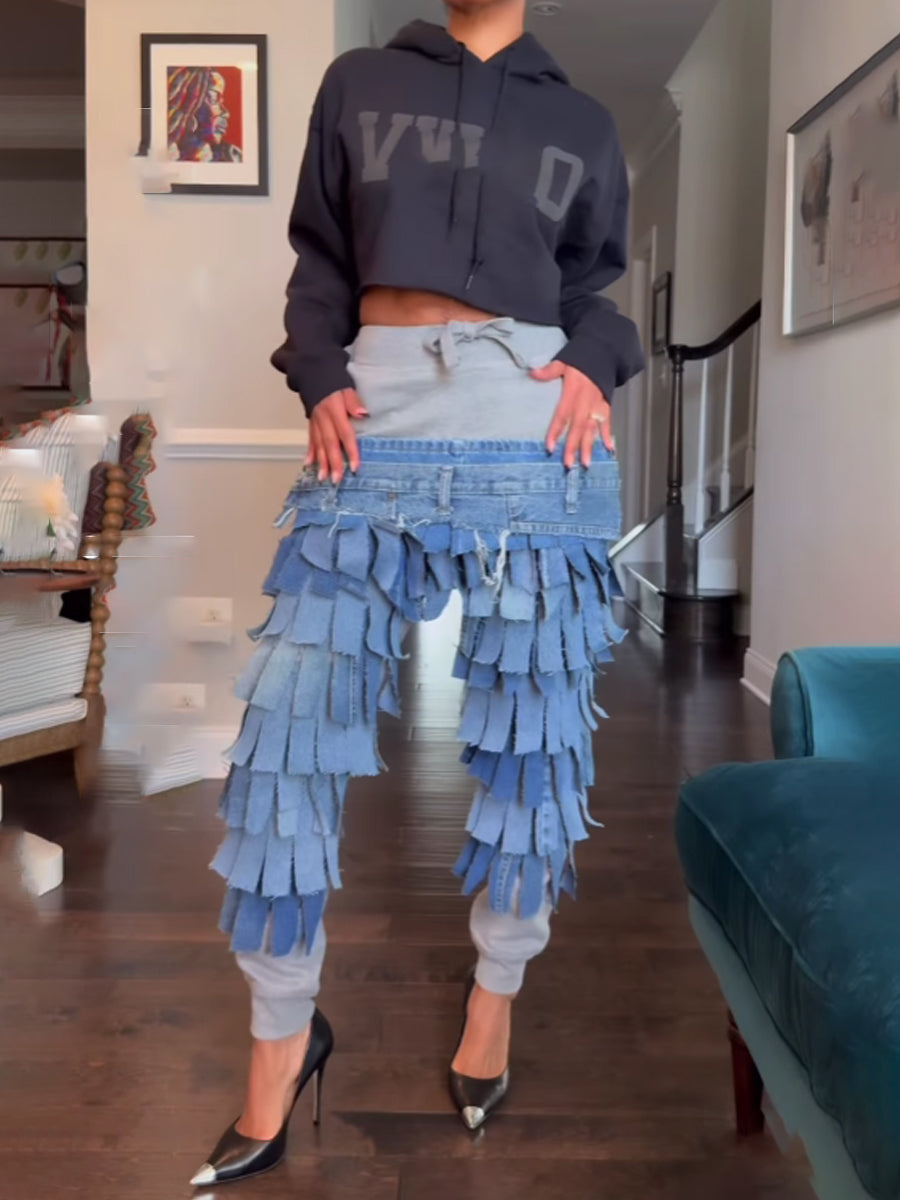 Denim Patchwork Fringed Jogger