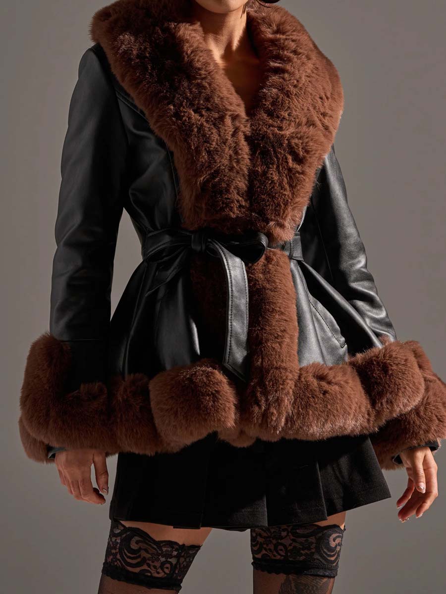 Faux Fur Trim Peplum Waist Warm Coat
