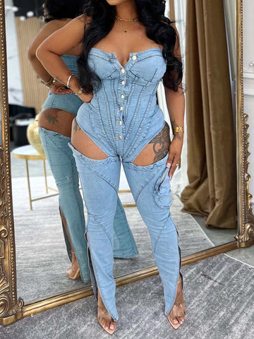 Denim Cutout Strapless Sexy Jumpsuit