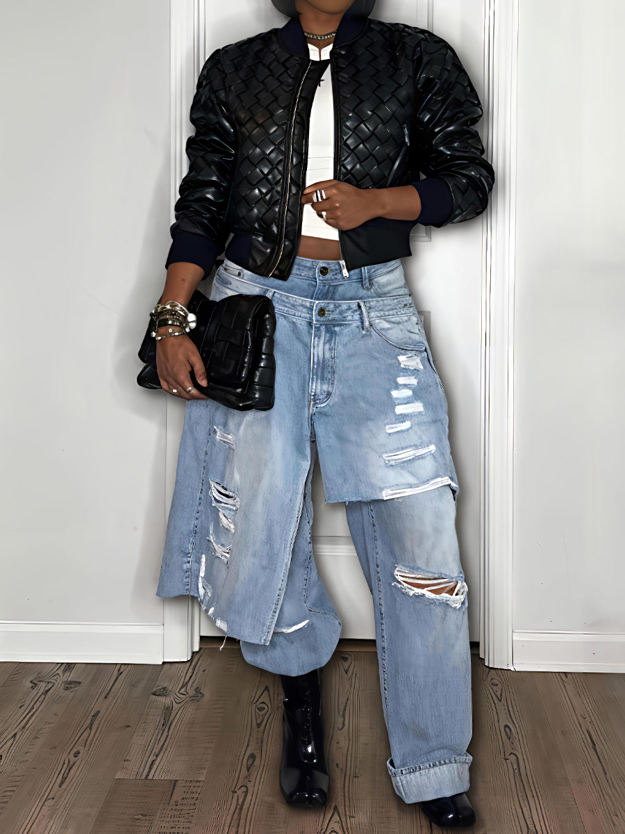 Weave Faux Leather Bomber Jacket