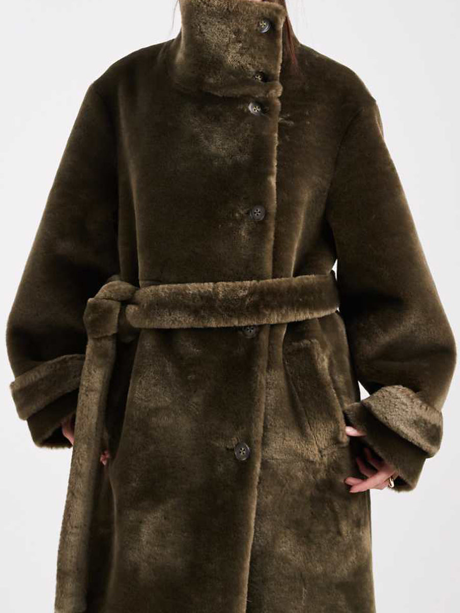 Cozy Teddy Funnel Neck Button Placket Coat