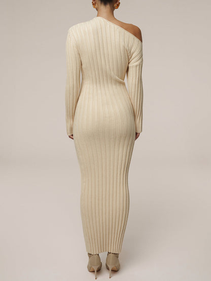 Asymmetric Neck Acrylic Accent Knitted Maxi Dress