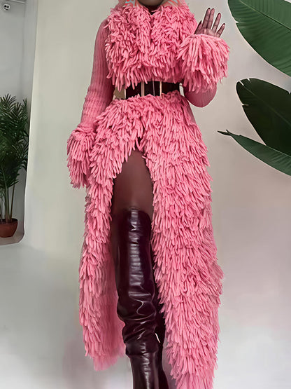 Fringed Tirm Knitted Long Coat Without Belt