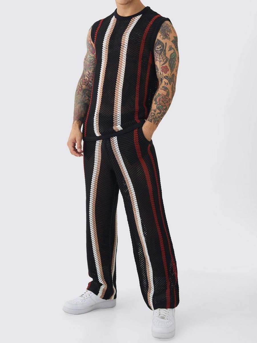 Stripe Knitted Sleeveless Two Pieces Set