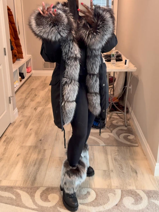 Silver Fox Fur Warm Hooded Collar Fur Coat